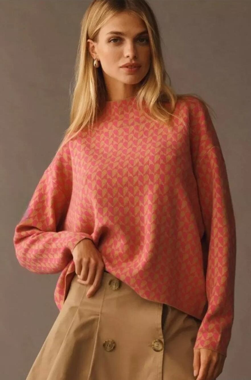 NWT Maeve Pink Tan Heart Print Carys Mock Neck Pullover Sweater Womens Large